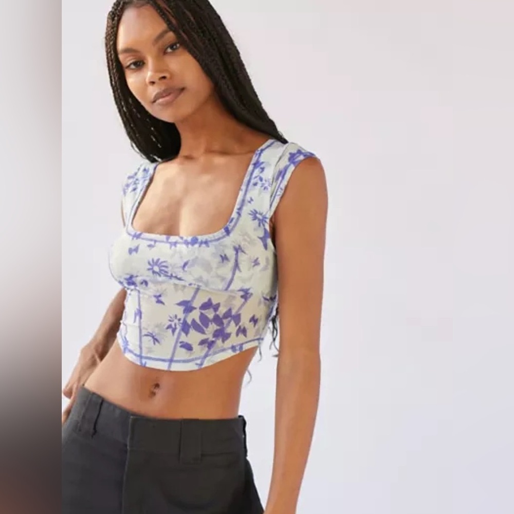 NWT Urban Outfitters Cropped Mesh Square Neck Bustier Top Purple White Floral